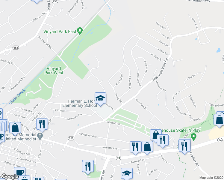 map of restaurants, bars, coffee shops, grocery stores, and more near 901 Olney Road in Vinton