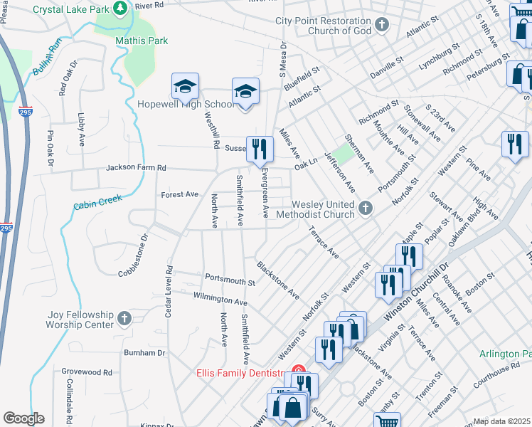 map of restaurants, bars, coffee shops, grocery stores, and more near Evergreen Avenue in Hopewell