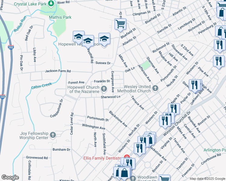 map of restaurants, bars, coffee shops, grocery stores, and more near Evergreen Avenue in Hopewell