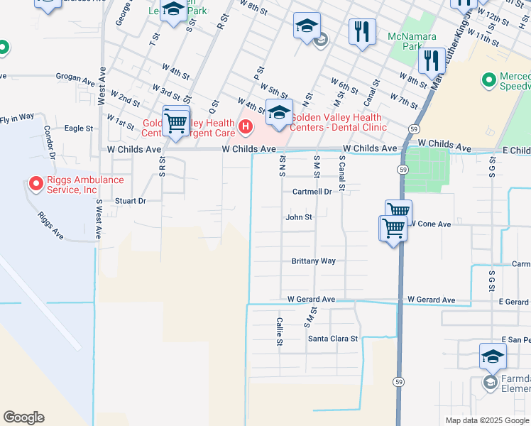 map of restaurants, bars, coffee shops, grocery stores, and more near N Street in Merced