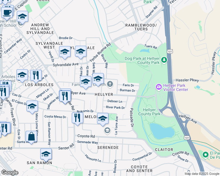 map of restaurants, bars, coffee shops, grocery stores, and more near 801 Hellyer Avenue in San Jose