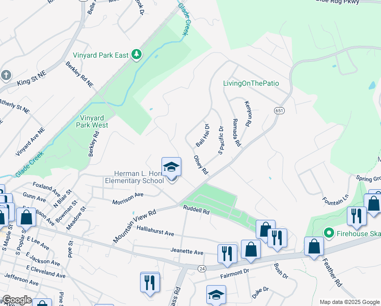 map of restaurants, bars, coffee shops, grocery stores, and more near 901 Olney Road in Vinton