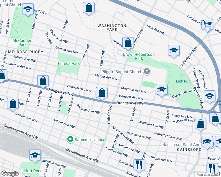 map of restaurants, bars, coffee shops, grocery stores, and more near 1022 Staunton Avenue Northwest in Roanoke