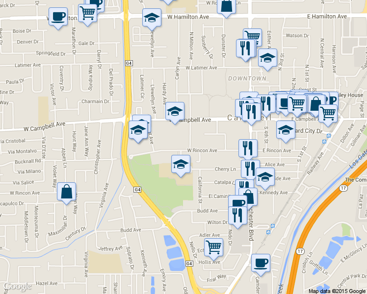 map of restaurants, bars, coffee shops, grocery stores, and more near 333 West Rincon Avenue in Campbell