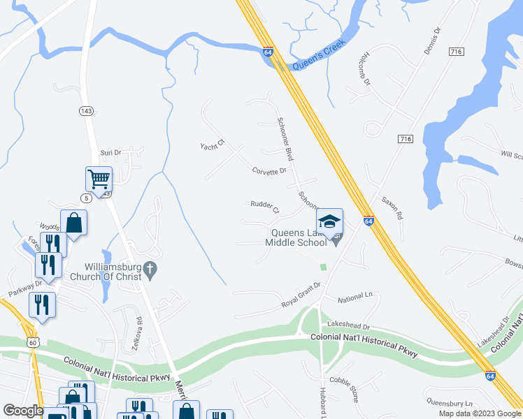 map of restaurants, bars, coffee shops, grocery stores, and more near 111 Rudder Court in Williamsburg