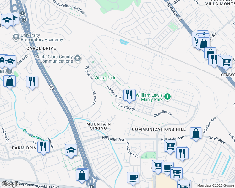 map of restaurants, bars, coffee shops, grocery stores, and more near 561 Adeline Avenue in San Jose