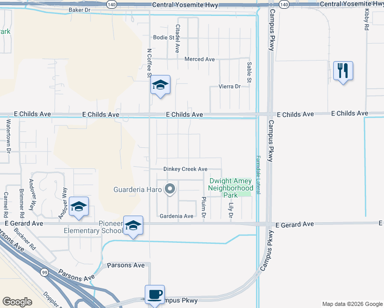 map of restaurants, bars, coffee shops, grocery stores, and more near South Valley Drive in Merced