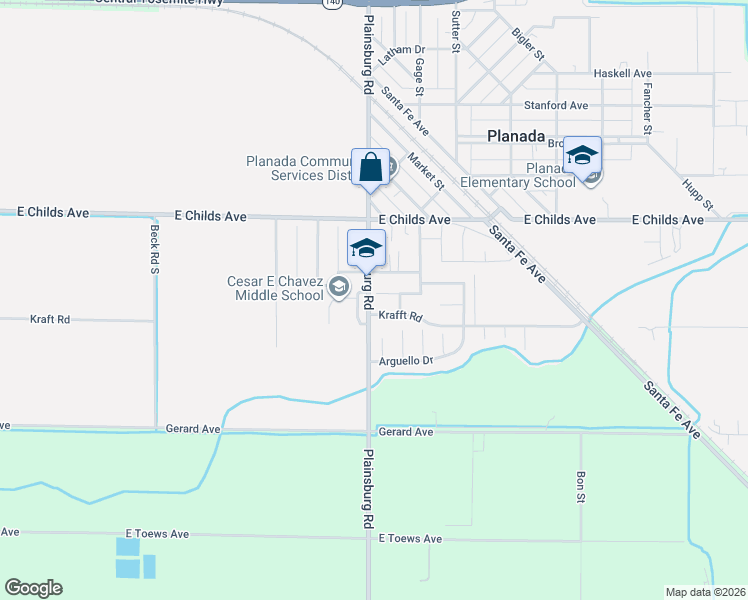 map of restaurants, bars, coffee shops, grocery stores, and more near 9015 East Anza Street in Planada