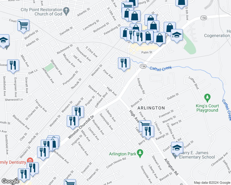map of restaurants, bars, coffee shops, grocery stores, and more near 1005 High Avenue in Hopewell