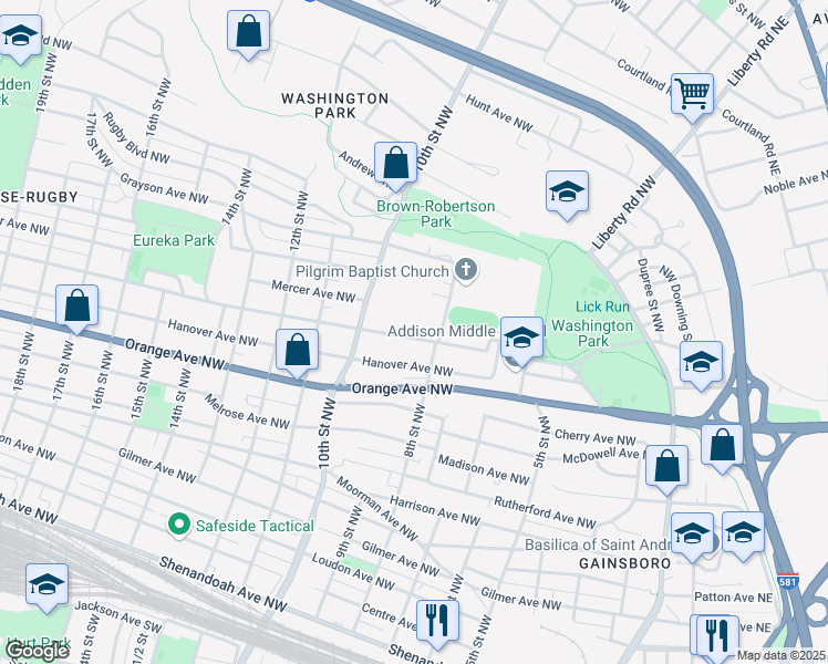 map of restaurants, bars, coffee shops, grocery stores, and more near 821 Staunton Avenue Northwest in Roanoke