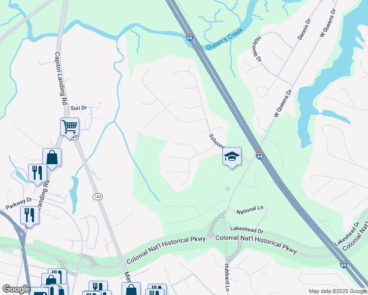 map of restaurants, bars, coffee shops, grocery stores, and more near 111 Rudder Court in Williamsburg