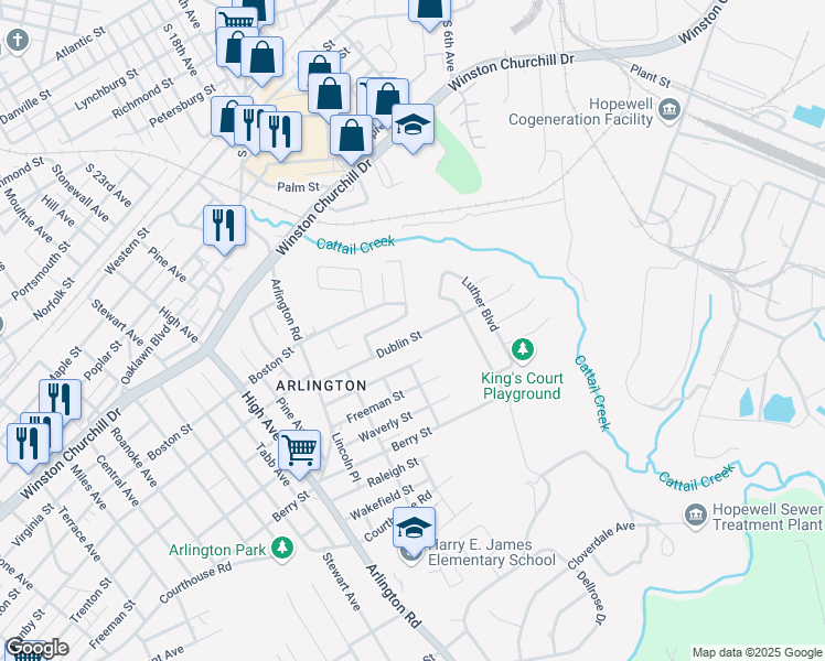 map of restaurants, bars, coffee shops, grocery stores, and more near 2105 Dublin Street in Hopewell