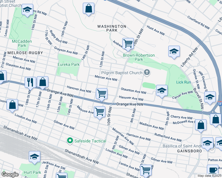 map of restaurants, bars, coffee shops, grocery stores, and more near 1022 Staunton Avenue Northwest in Roanoke