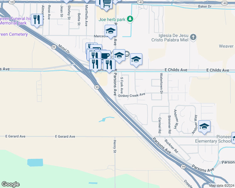 map of restaurants, bars, coffee shops, grocery stores, and more near 144 South Parsons Avenue in Merced