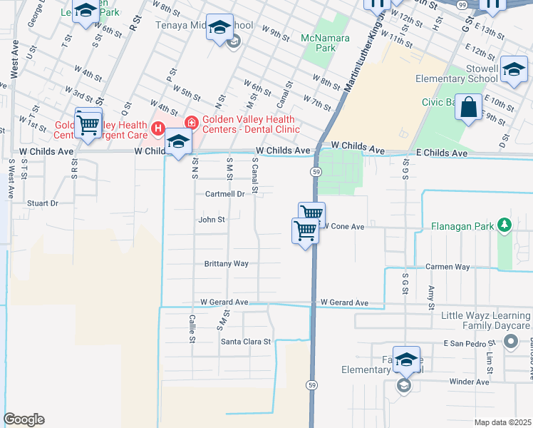 map of restaurants, bars, coffee shops, grocery stores, and more near 218 South Canal Street in Merced