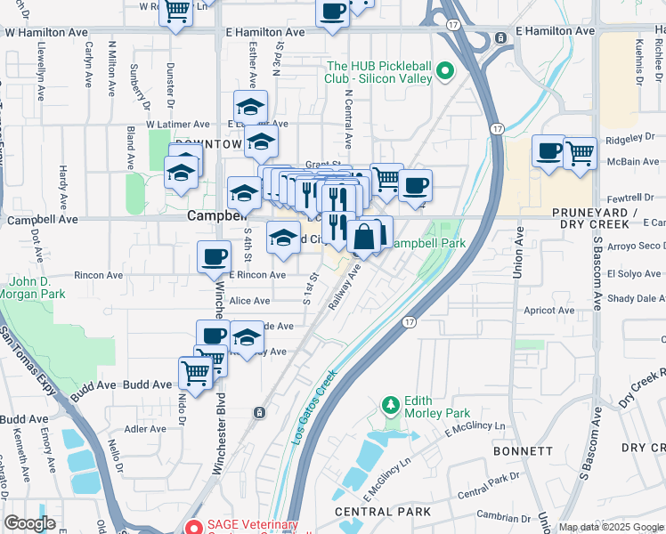 map of restaurants, bars, coffee shops, grocery stores, and more near in Campbell