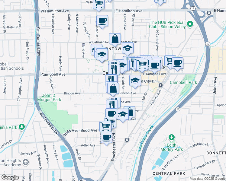 map of restaurants, bars, coffee shops, grocery stores, and more near 2085 South Winchester Boulevard in Campbell