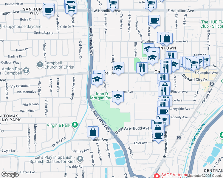 map of restaurants, bars, coffee shops, grocery stores, and more near 429 West Rincon Avenue in Campbell