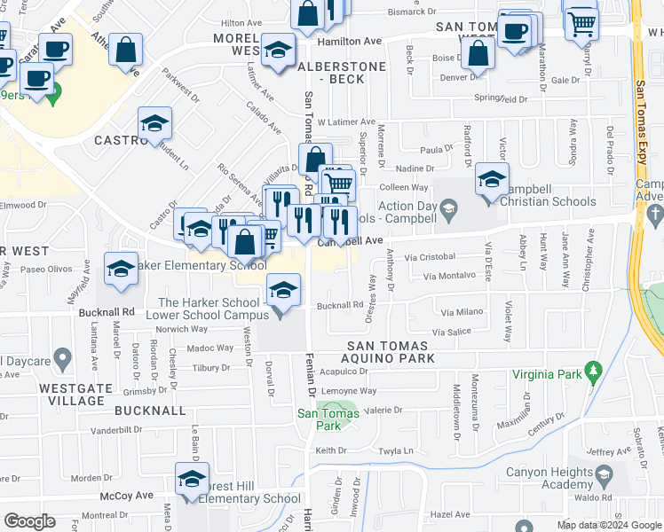 map of restaurants, bars, coffee shops, grocery stores, and more near 1400 West Campbell Avenue in Campbell