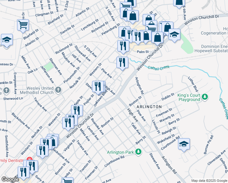 map of restaurants, bars, coffee shops, grocery stores, and more near 1005 High Avenue in Hopewell