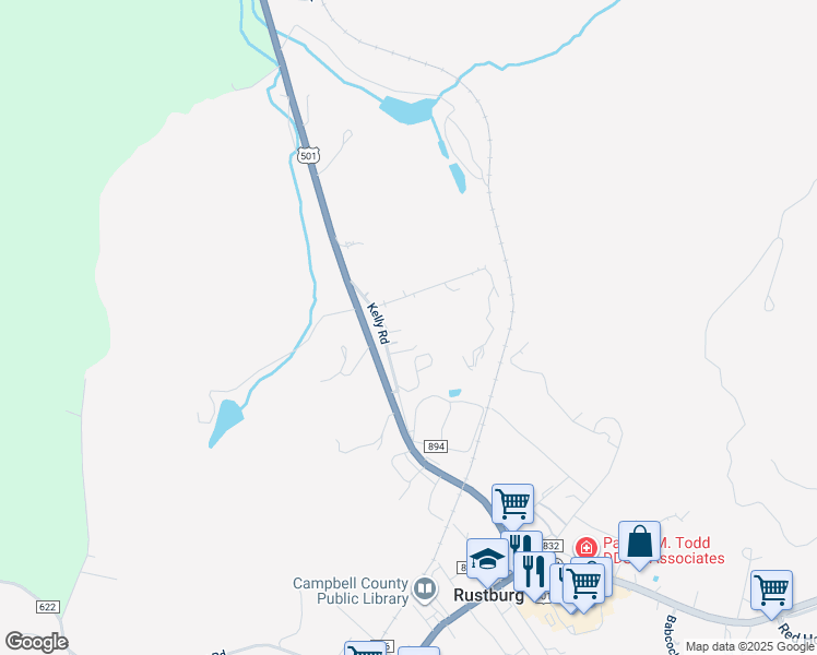 map of restaurants, bars, coffee shops, grocery stores, and more near 134 Kelly Road in Rustburg