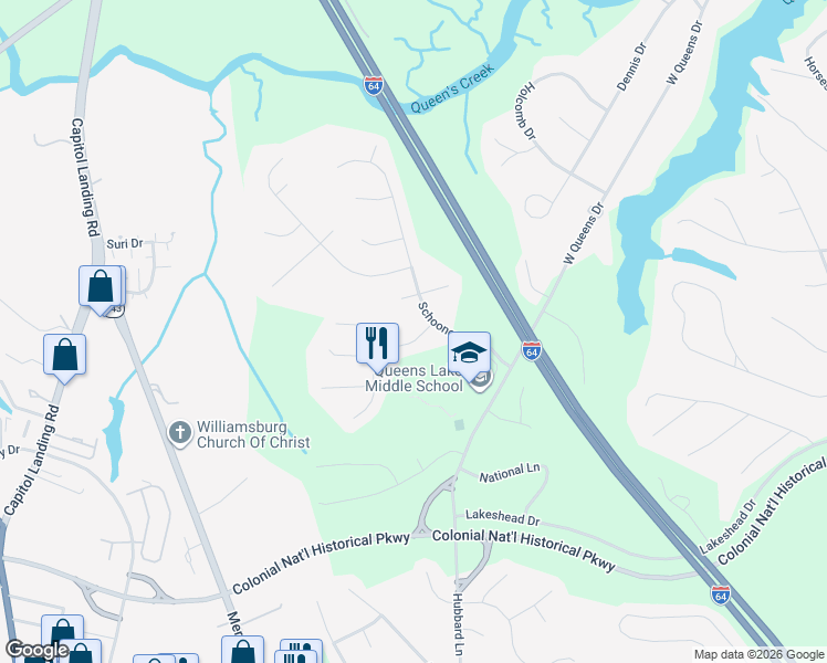 map of restaurants, bars, coffee shops, grocery stores, and more near 104 Spinnaker Way in Williamsburg