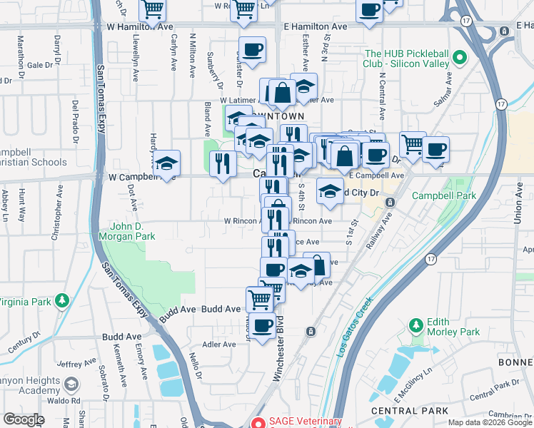 map of restaurants, bars, coffee shops, grocery stores, and more near 2085 South Winchester Boulevard in Campbell