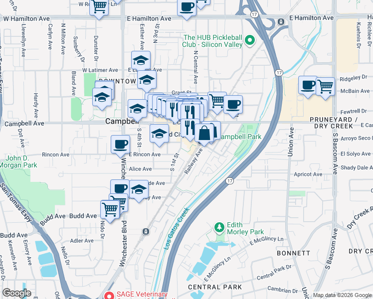 map of restaurants, bars, coffee shops, grocery stores, and more near in Campbell