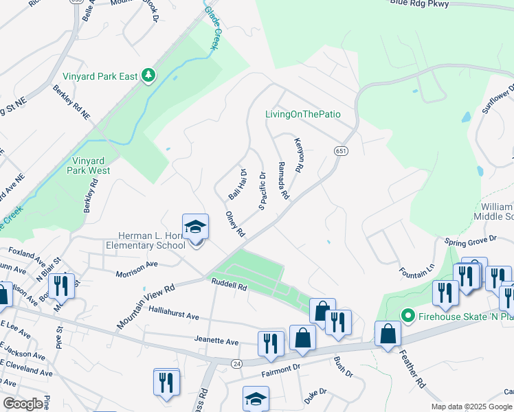 map of restaurants, bars, coffee shops, grocery stores, and more near 1542 South Pacific Drive in Vinton