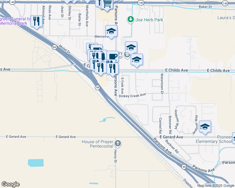 map of restaurants, bars, coffee shops, grocery stores, and more near 144 South Parsons Avenue in Merced