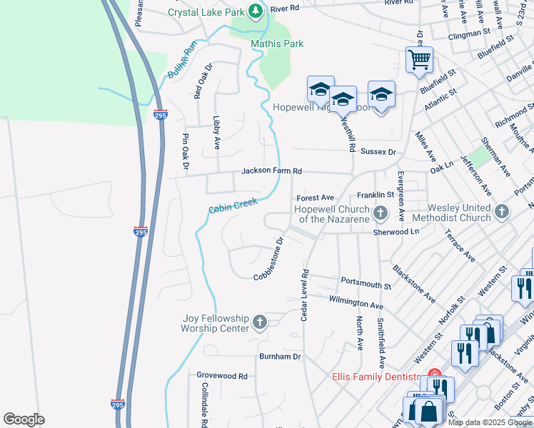 map of restaurants, bars, coffee shops, grocery stores, and more near 3509 Cobblestone Terrace in Hopewell