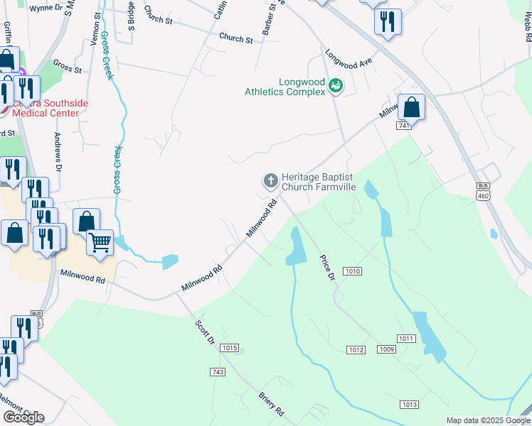 map of restaurants, bars, coffee shops, grocery stores, and more near Milnwood Road in Farmville