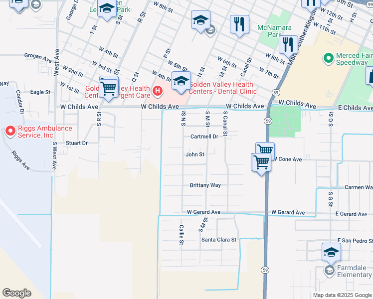 map of restaurants, bars, coffee shops, grocery stores, and more near 243 Olivia Court in Merced