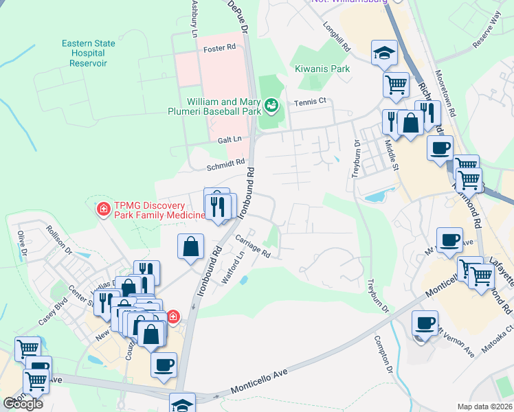 map of restaurants, bars, coffee shops, grocery stores, and more near 5304 Palmer Lane in Williamsburg