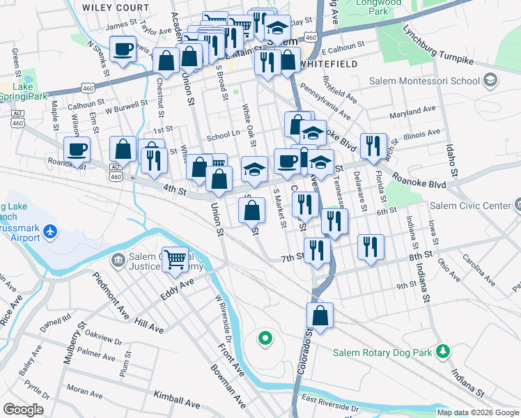 map of restaurants, bars, coffee shops, grocery stores, and more near 6 East 4th Street in Salem