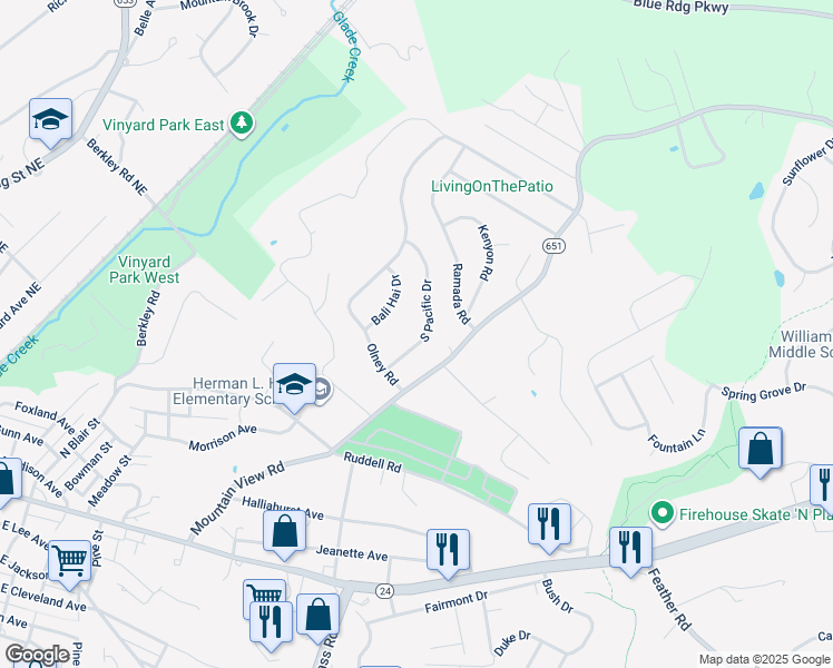 map of restaurants, bars, coffee shops, grocery stores, and more near 1542 South Pacific Drive in Vinton
