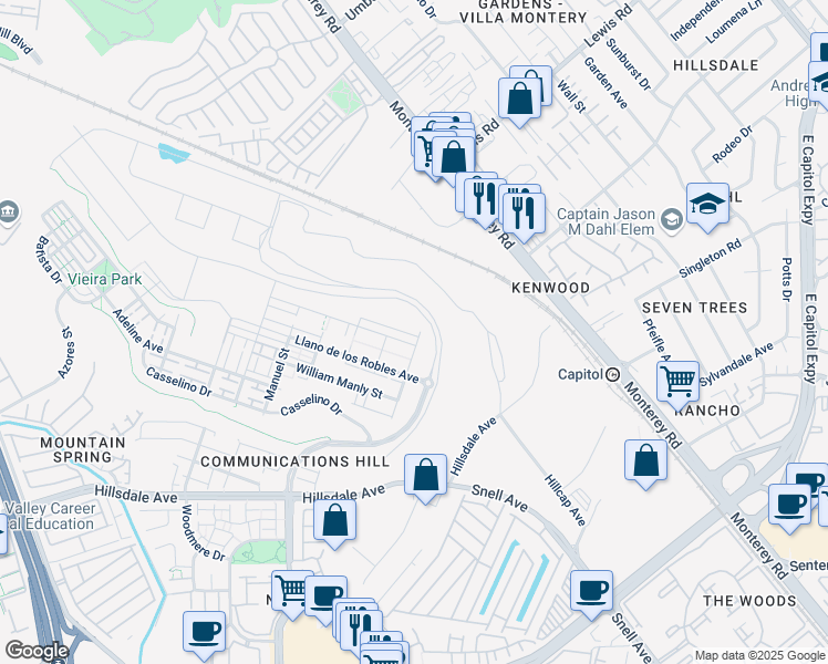 map of restaurants, bars, coffee shops, grocery stores, and more near 109 Manly Terrace in San Jose