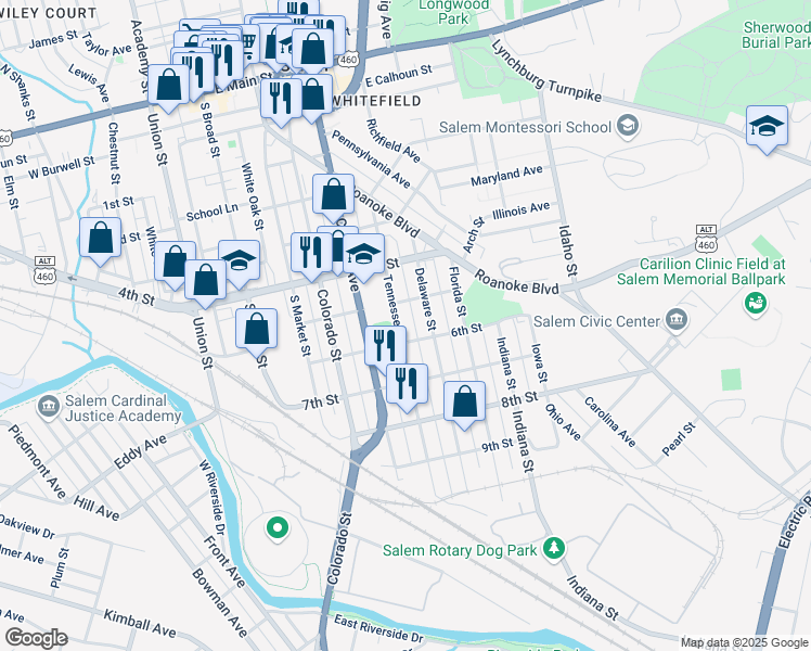 map of restaurants, bars, coffee shops, grocery stores, and more near 720 Tennessee Street in Salem