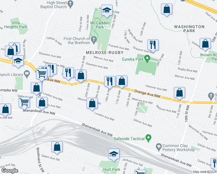 map of restaurants, bars, coffee shops, grocery stores, and more near 1802 Orange Avenue Northwest in Roanoke