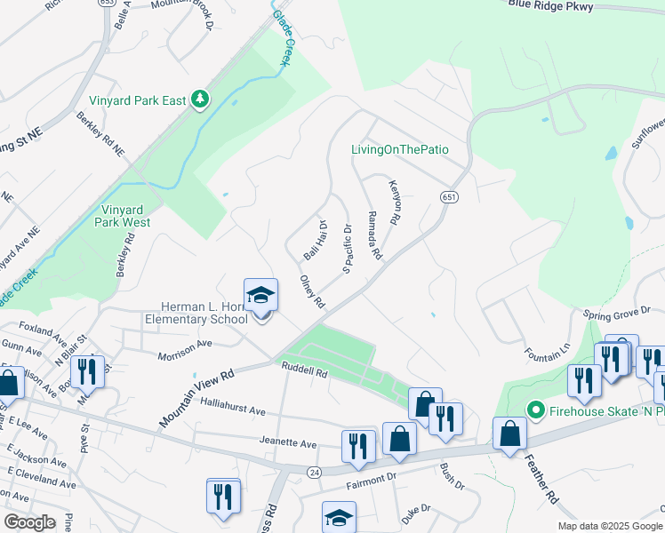 map of restaurants, bars, coffee shops, grocery stores, and more near 1536 South Pacific Drive in Vinton