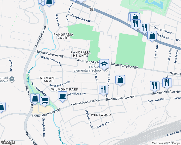 map of restaurants, bars, coffee shops, grocery stores, and more near 3621 Long Meadow Avenue Northwest in Roanoke