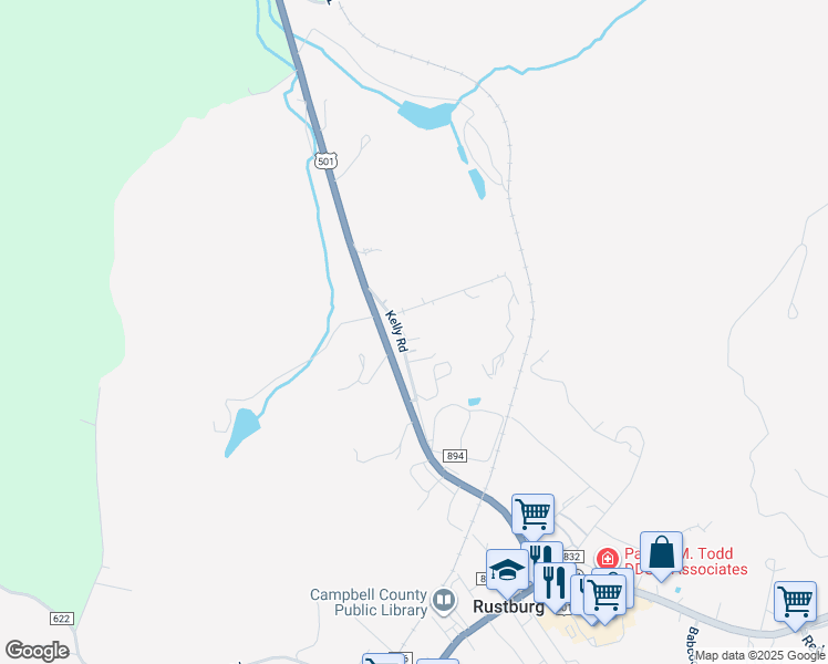 map of restaurants, bars, coffee shops, grocery stores, and more near 134 Kelly Road in Rustburg