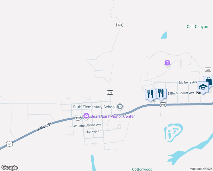 map of restaurants, bars, coffee shops, grocery stores, and more near 16 West Cobble Lane in Bluff