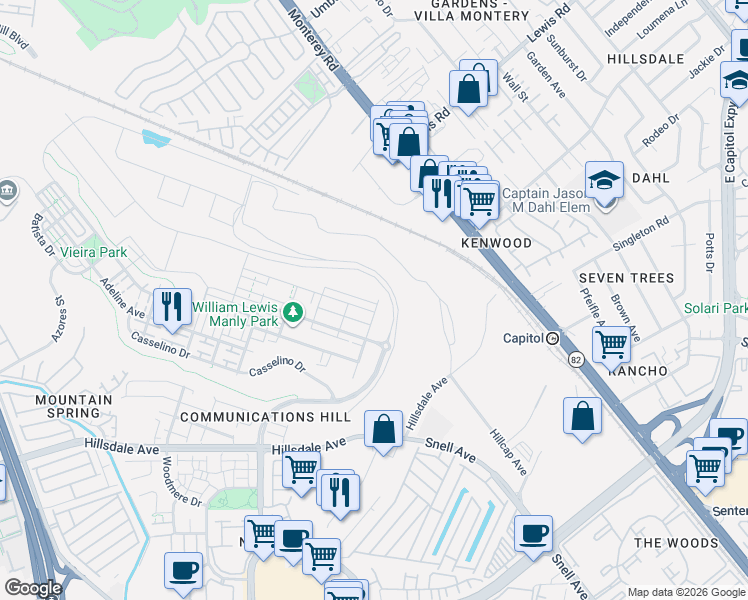 map of restaurants, bars, coffee shops, grocery stores, and more near 109 Manly Terrace in San Jose