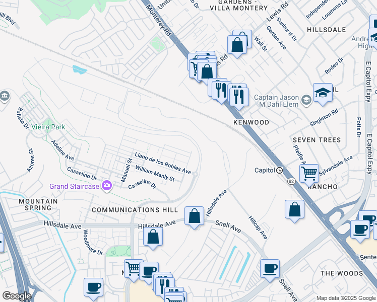 map of restaurants, bars, coffee shops, grocery stores, and more near 109 Manly Terrace in San Jose