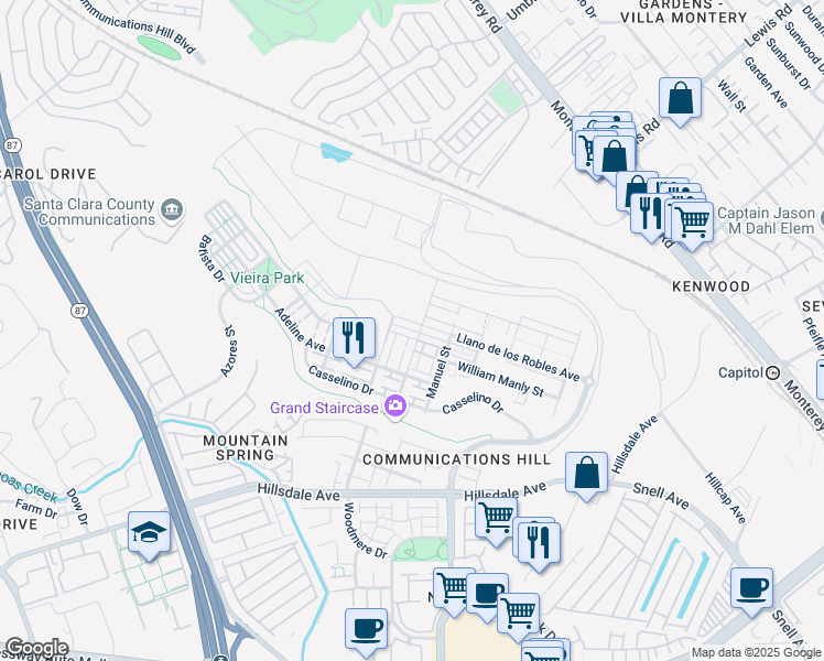 map of restaurants, bars, coffee shops, grocery stores, and more near 337 Llano de los Robles Avenue in San Jose