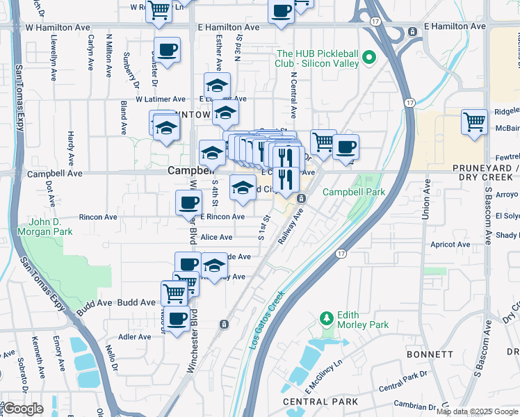 map of restaurants, bars, coffee shops, grocery stores, and more near 232 Everett Avenue in Campbell