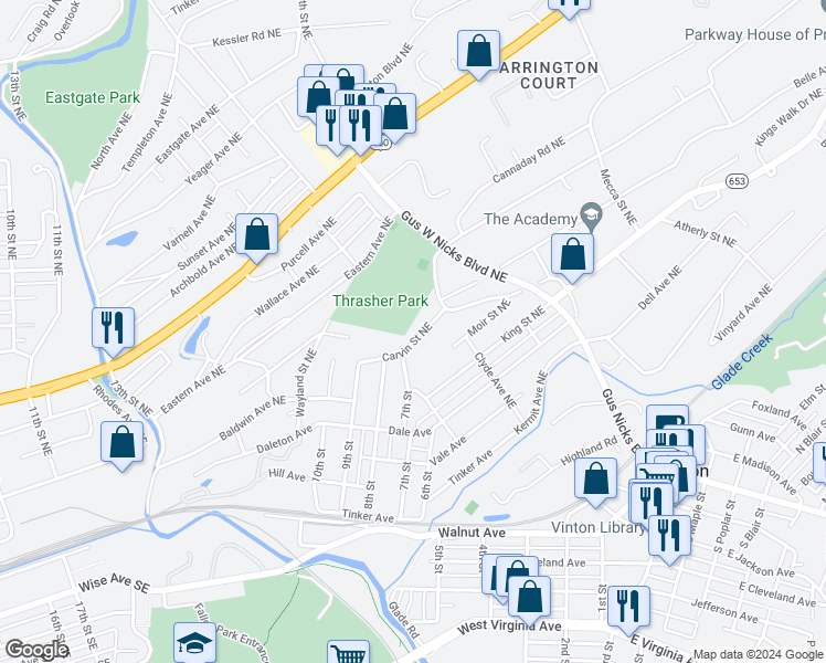 map of restaurants, bars, coffee shops, grocery stores, and more near 2120 Carvin Street Northeast in Roanoke