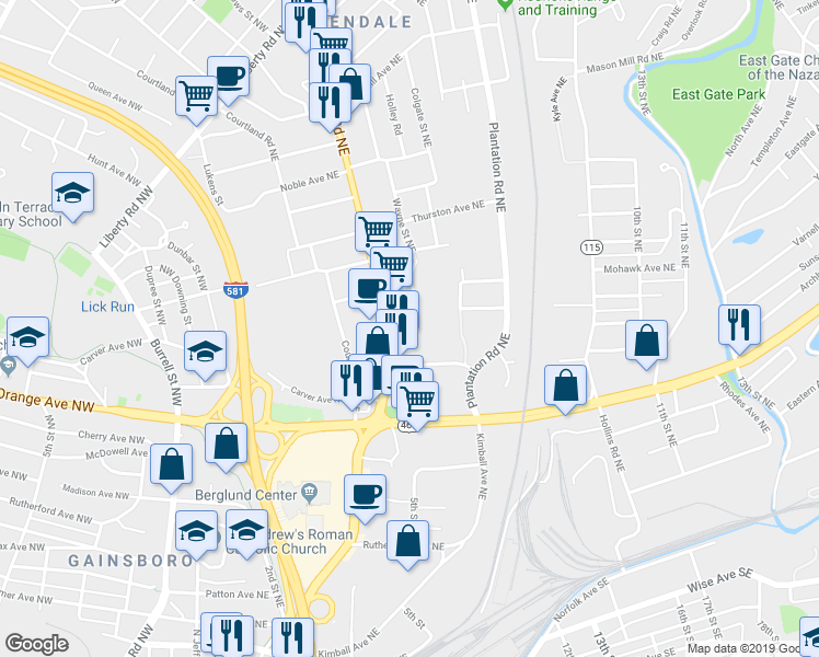 map of restaurants, bars, coffee shops, grocery stores, and more near 1516 Compton Street Northeast in Roanoke
