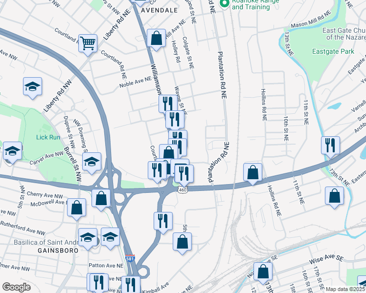 map of restaurants, bars, coffee shops, grocery stores, and more near 1506 Compton Street Northeast in Roanoke